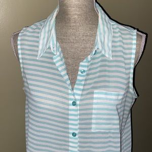 Olive & Oak green and white Sleeveless collared, striped sheer blouse size M
